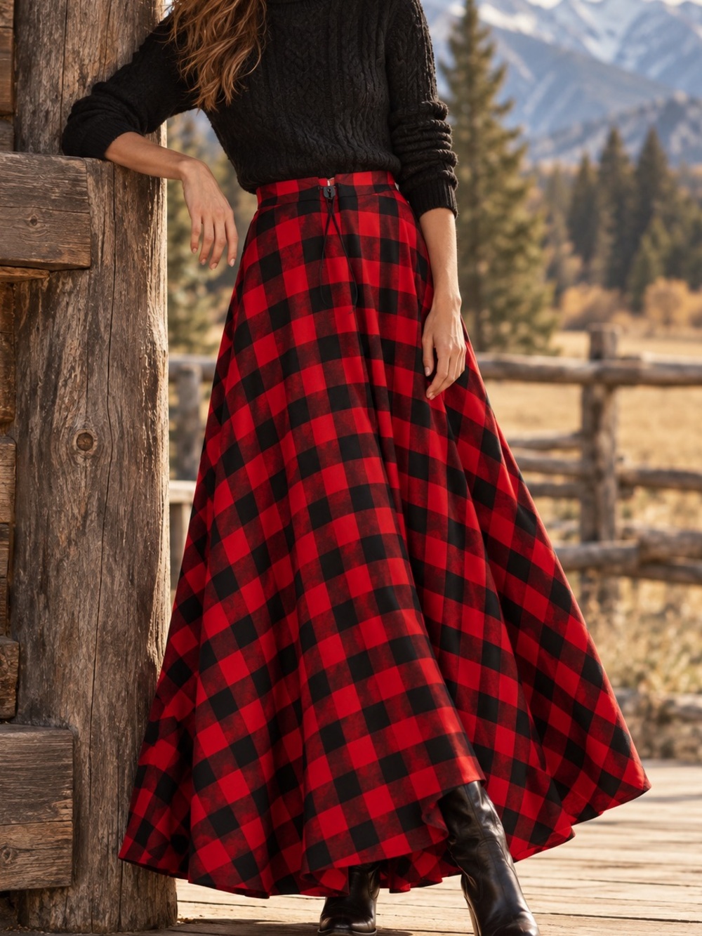 RALPH LAUREN VTG Medium Red Black Buffalo Plaid Checkered Maxi Skirt   C
